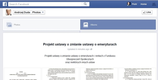 Projekt ustawy prezydenckiej w serwisie Facebook