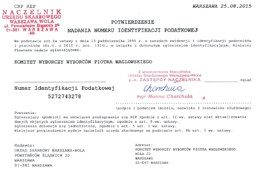 Potwierdzenie nadania numeru NIP Komitetowi Wyborczemu Wyborców Piotra Waglowskiego