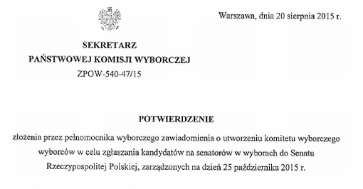 Nagłówek potwierdzenia złożenia zawiadomienia o utworzeniu komitetu wyborczego