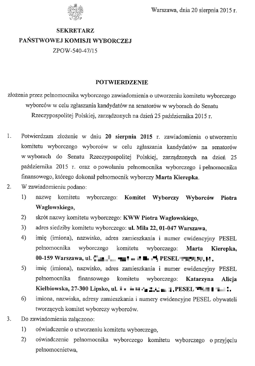 Pierwsza strona potwierdzenie zawiadomienia o utworzeniu Komitetu Wyborczego Wyborców Piotra Waglowskiego w wyborach do Senatu