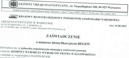 Fragment zaświadczenia o nadaniu numeru REGON Komitetowi Wyborczemu Wyborców