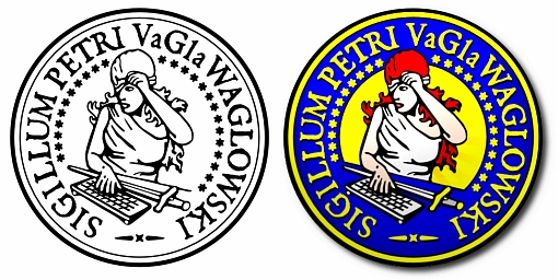 Dwa obrazy kolistej pieczęci obrazowej z napisem Sigillum Petri VaGla Waglowski, która przedstawia boginię Temidę przy komputerowej klawiaturze, unoszącą przepaskę nad lewym okiem. Przed nią leży miecz.