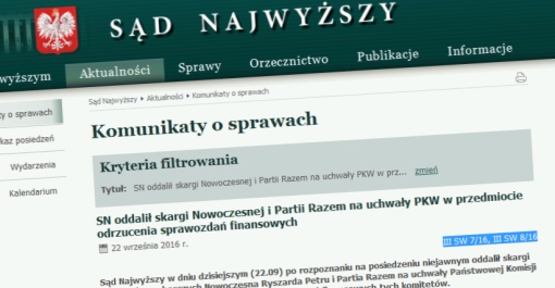 Fragment zrzutu ekranu strony Sądu Najwyższego