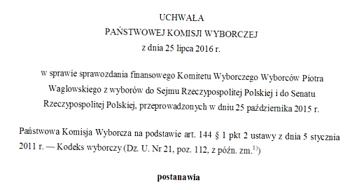 Nagłówek uchwały w sprawie sprawozdania finansowego<br />
Komitetu Wyborczego Wyborców Piotra Waglowskiego z wyborów do Sejmu Rzeczypospolitej Polskiej i do Senatu Rzeczypospolitej Polskiej, przeprowadzonych w dniu<br />
25 października 2015r.