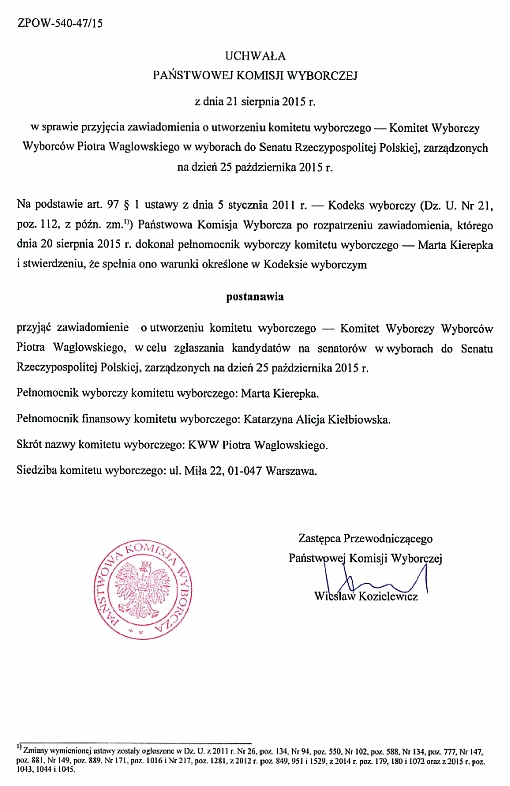 Kopia uchwały w sprawie przyjęcia zawiadomienia o utworzeniu komitetu wyborczego wyborców Piotra Waglowskiego