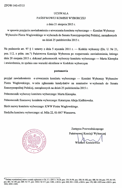 Kopia uchwały w sprawie przyjęcia zawiadomienia o utworzeniu komitetu wyborczego wyborców Piotra Waglowskiego