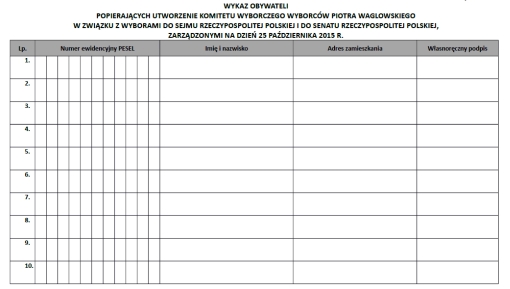 Czysty formularz listy poparcia utworzenia komitetu wyborczego wyborców