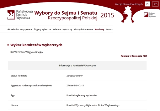 Screenshot strony PKW z informacją o zarejestrowaniu komitetu