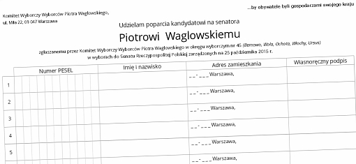 Formularz zbiórki podpisów pod kandydaturą Piotra Waglowskiego